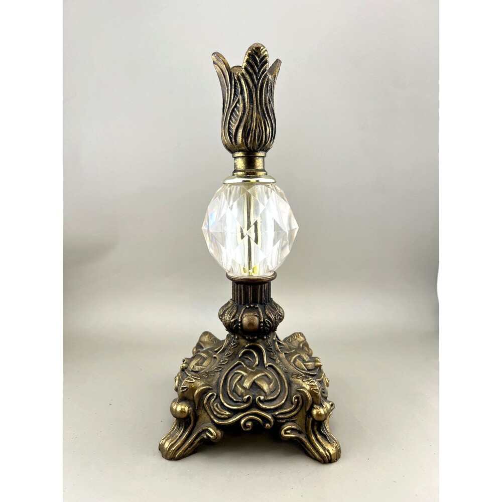 Vintage Brass Gold Ornate Candle Holder MCM Clear Glass Prism Hollywood Regency